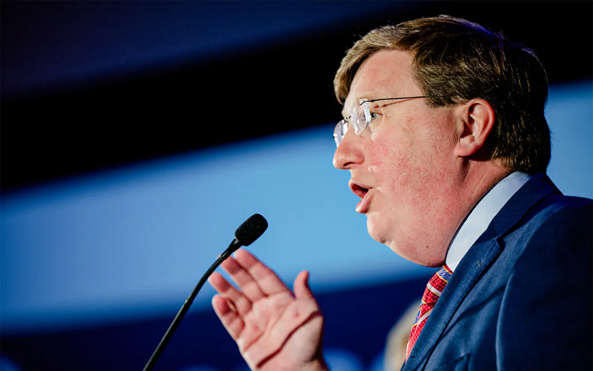 Tate Reeves speaks to supporters during an election night watch party at The Refuge Hotel & Conference Center, on November 07, 2023 in Flowood, Mississippi. (Photo by Brandon Bell/Getty Images)