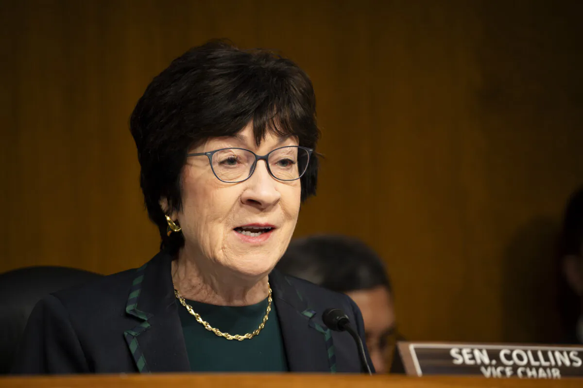 Sen. Susan Collins (R-Maine) speaks during a hearing in Washington on Nov. 8, 2023. (Madalina Vasiliu/The Epoch Times)