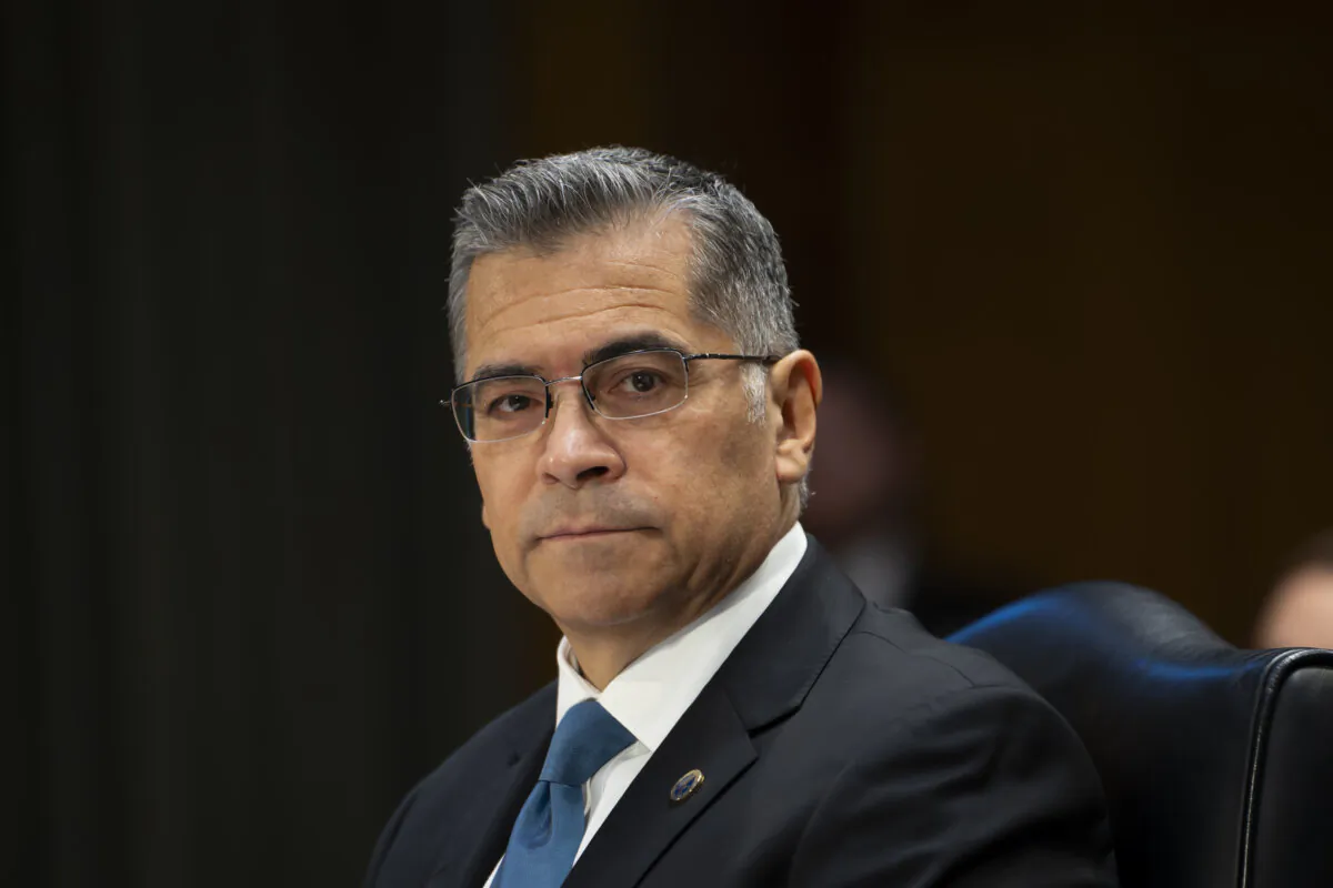 Secretary of the Department of Health and Human Services Xavier Becerra testifies before the Senate Appropriations Committee in Washington on Nov. 8, 2023. (Madalina Vasiliu/The Epoch Times)