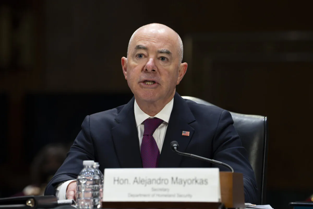 Secretary of Homeland Security Alejandro Mayorkas testifies before the Senate Appropriations Committee in Washington on Nov. 8, 2023. (Madalina Vasiliu/The Epoch Times)