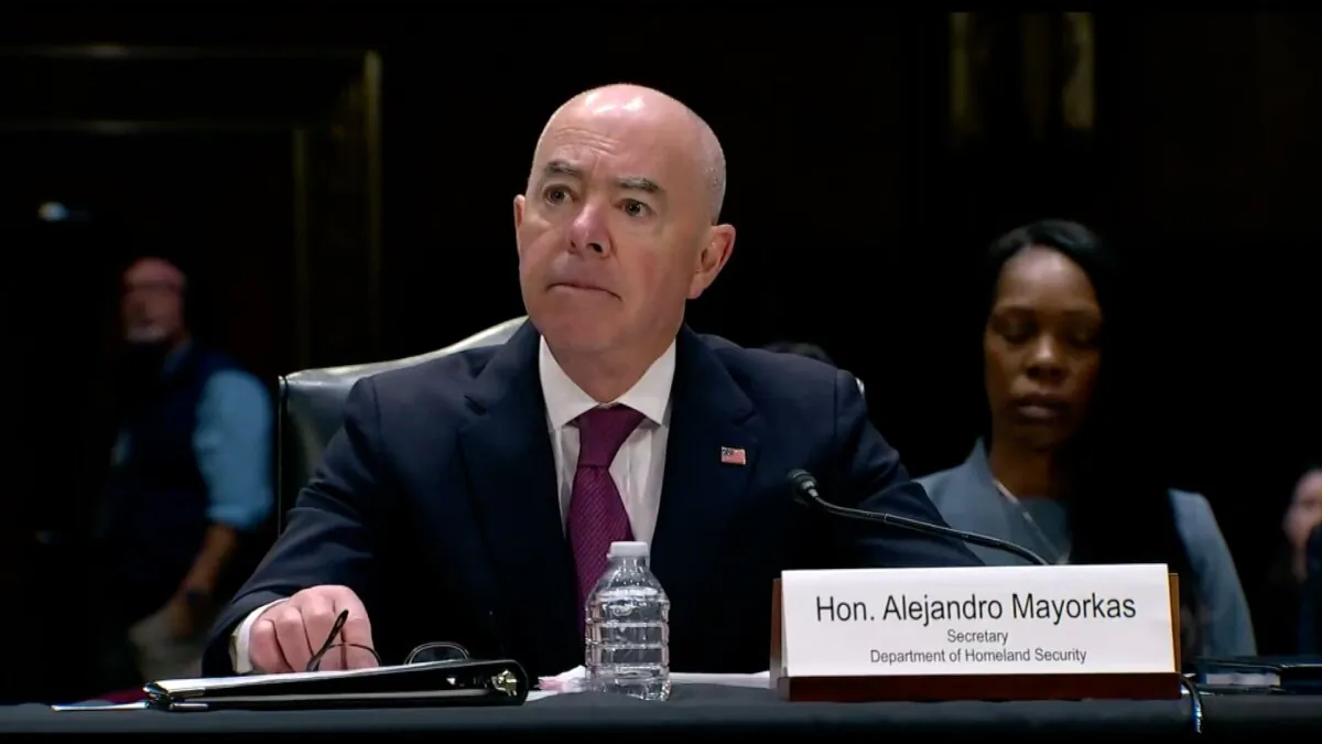 Department of Homeland Security Secretary Alejandro Mayorkas answers questions at a Senate hearing on Nov. 8, 2023. (Senate Appropriations Committee/Screenshot via NTD)