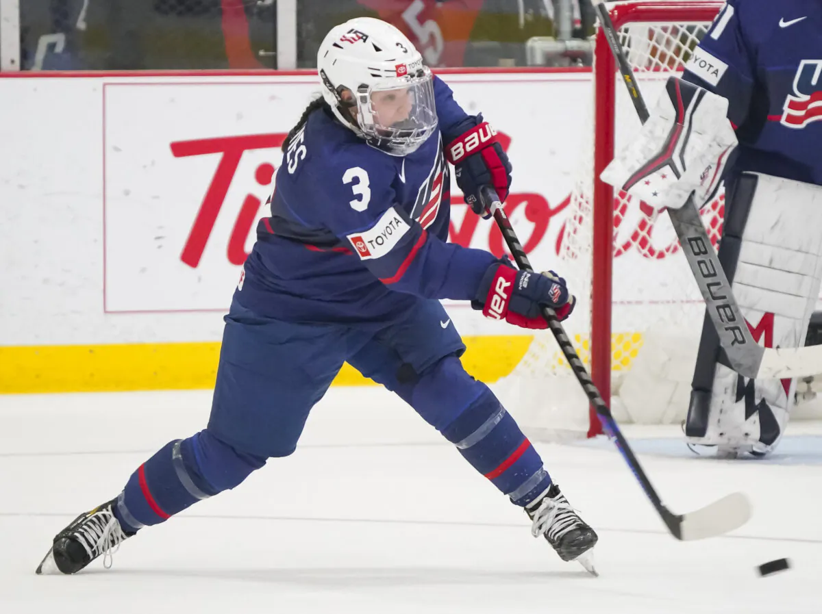 Cayla Barnes (3) of USA passes the puck against Canada in Gold Medal Game action at the 2023 IIHF Ice Hockey Women’s World Championship at CAA Centre in Brampton, Ontario, on April 16, 2023. (Matt Zambonin/IIHF)
