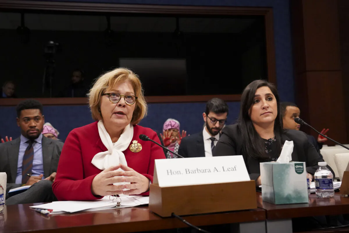 Barbara Leaf (L), Assistant Secretary of the Bureau of Near East Affairs, and Dana Stroul (R), Deputy Assistant Secretary of Defense for the Middle East, testify before the Foreign Affairs Committee, which holds a hearing on U.S. support for Israel after Hamas’ attack in Washington on Nov. 8, 2023. (Madalina Vasiliu/The Epoch Times)