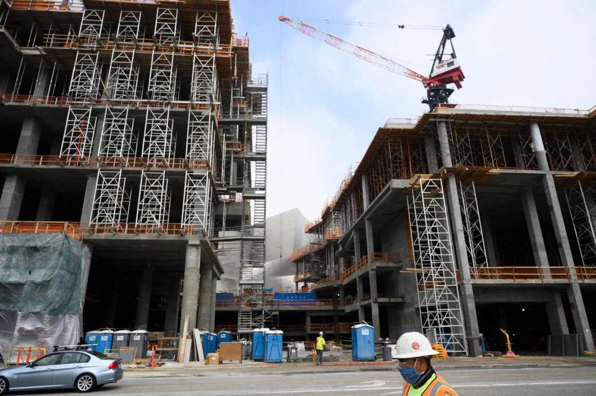 Construction on "The Grand", a luxury mixed-use development designed by architect Frank Gehry and located across the street from the Walt Disney Concert Hall, in Los Angeles on April 30, 2020. (Robyn Beck/AFP via Getty Images)