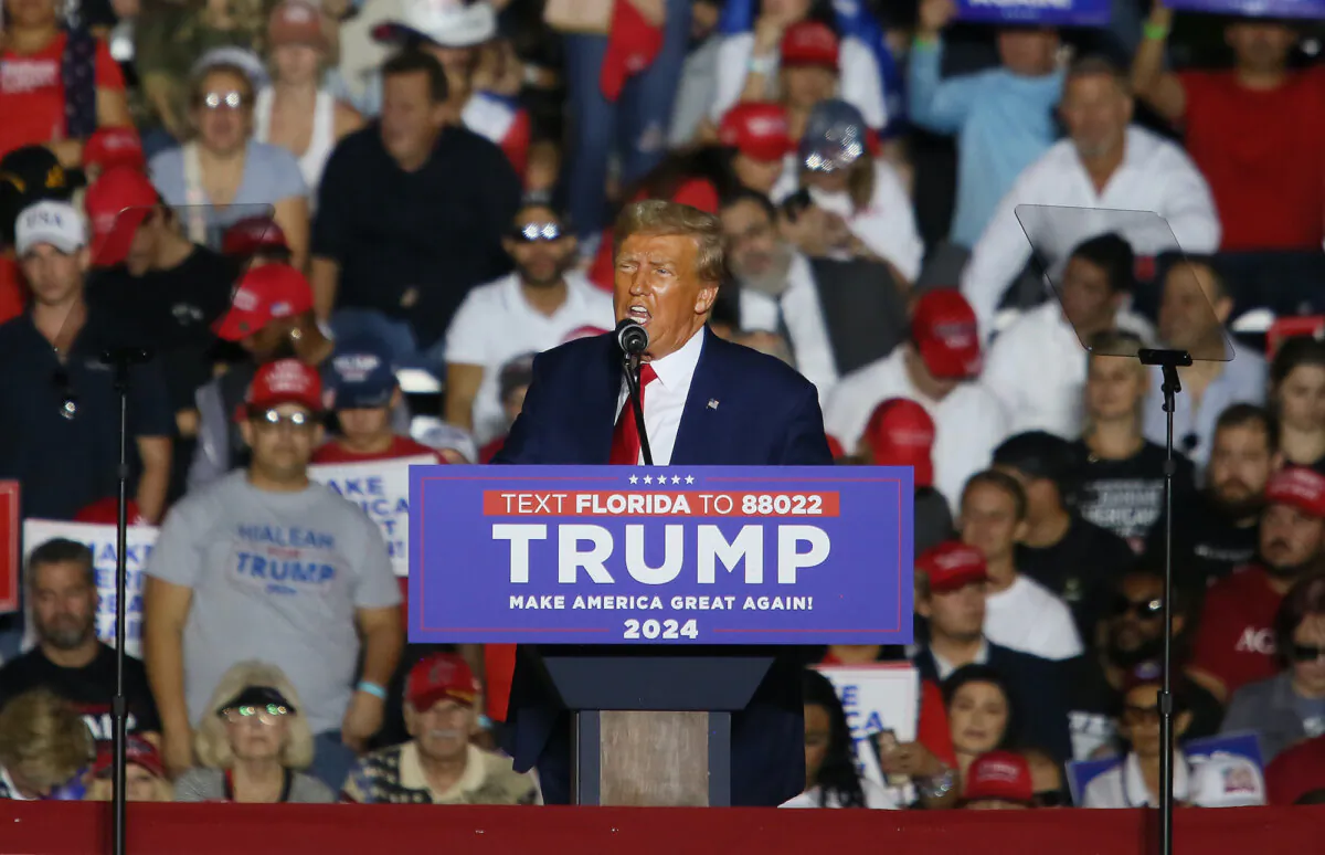 Former President Donald Trump delivers remarks at a campaign rally at The Ted Hendricks Stadium at Henry Milander Park in Hialeah, Fla., on Nov. 8, 2023. (Alon Skuy/Getty Images)