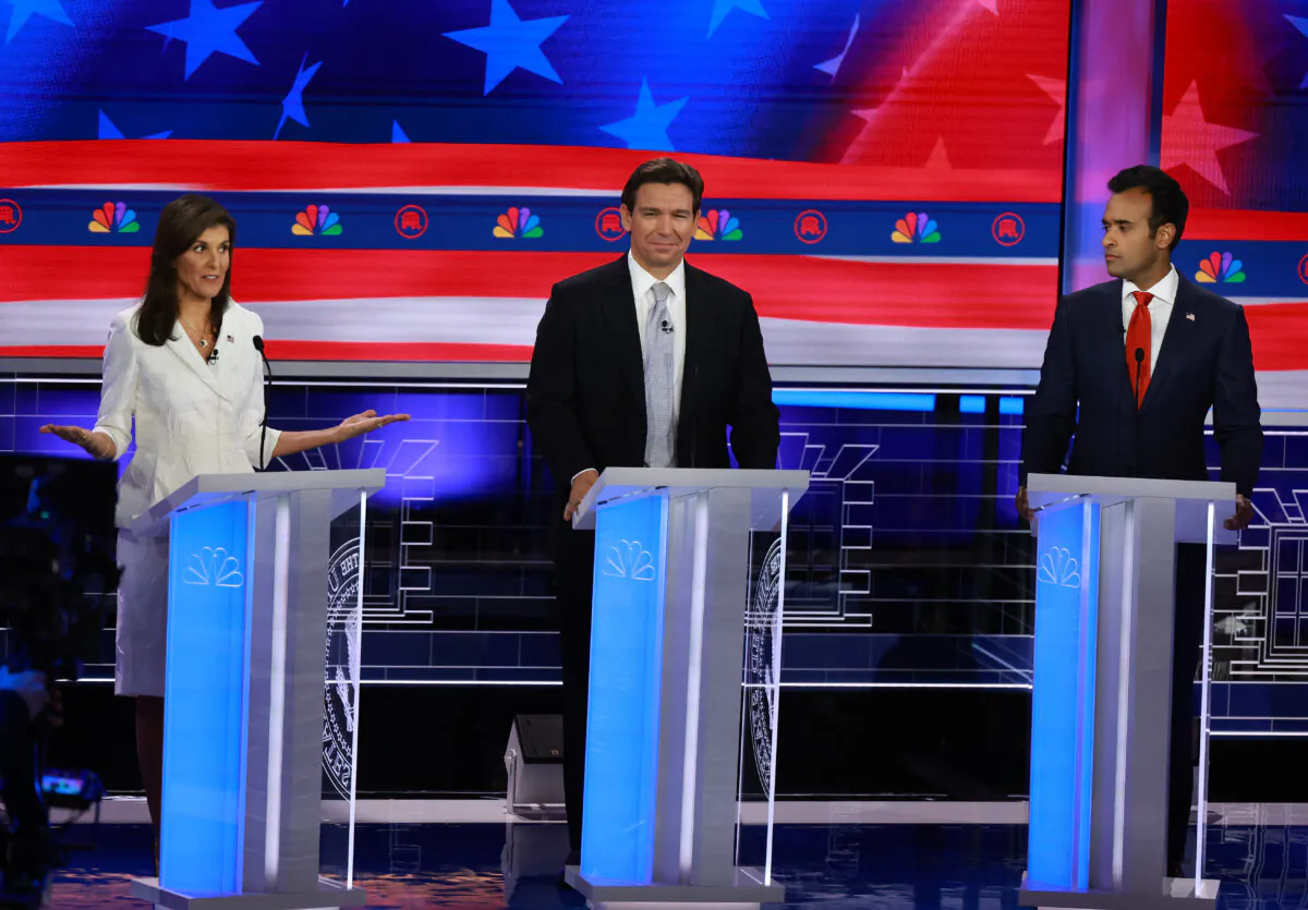 (L–R) Republican presidential candidates former U.N. Ambassador Nikki Haley, Florida Gov. Ron DeSantis, and Vivek Ramaswamy participate in the NBC News Republican Presidential Primary Debate at the Adrienne Arsht Center for the Performing Arts of Miami-Dade County in Miami, Fla., on Nov. 8, 2023. (Joe Raedle/Getty Images)