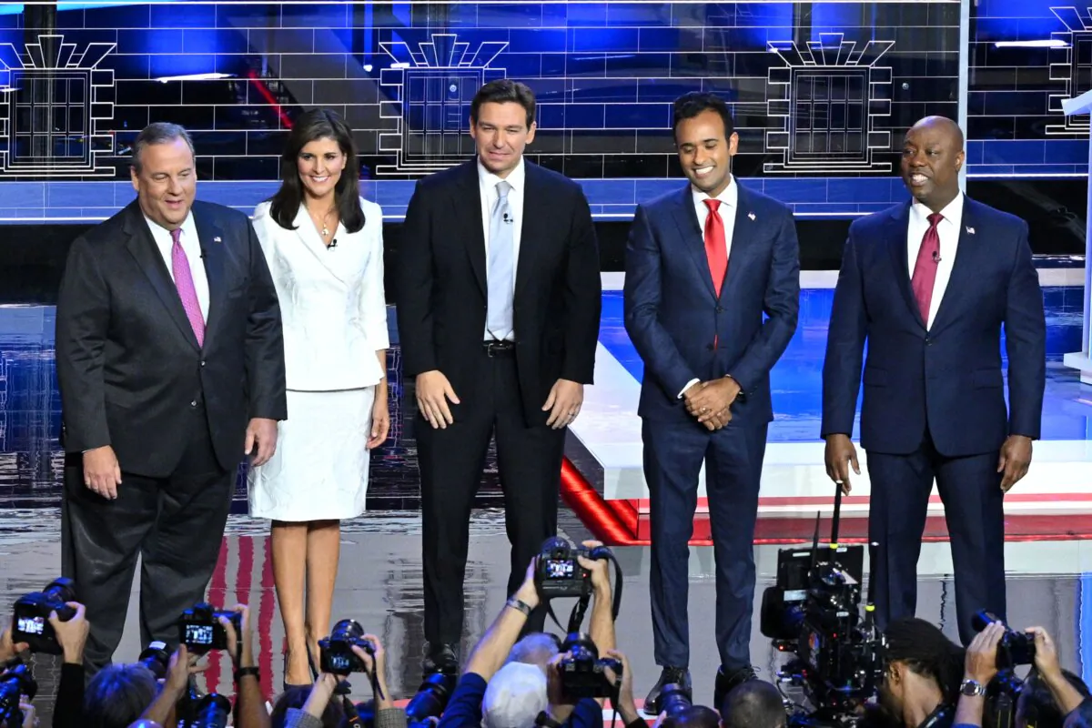 (L–R) Former Governor of New Jersey Chris Christie, former Governor from South Carolina and U.N. ambassador Nikki Haley, Florida Gov. Ron DeSantis, entrepreneur Vivek Ramaswamy, and Sen. Tim Scott (R-S.C.) attend the third Republican presidential primary debate at the Knight Concert Hall at the Adrienne Arsht Center for the Performing Arts in Miami, Fla., on Nov. 8, 2023. (Mandel Ngan/AFP via Getty Images)