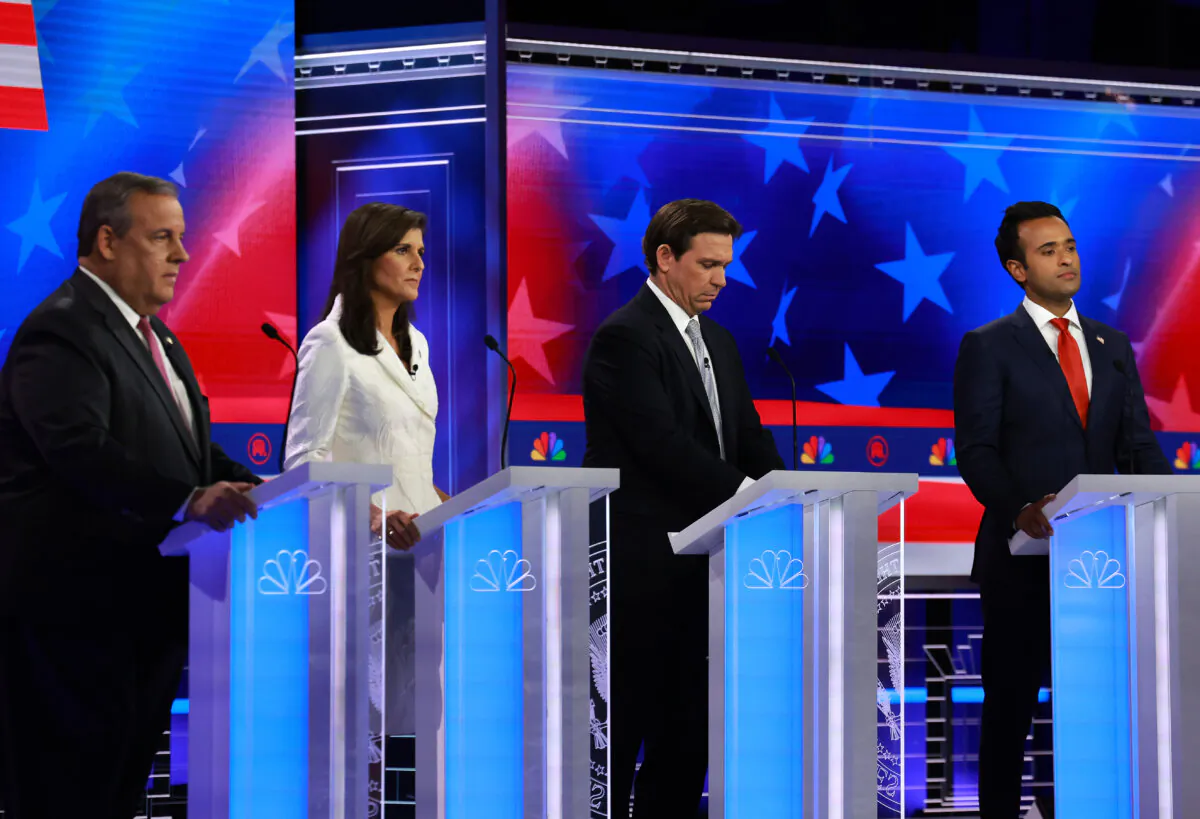 (L–R) Republican presidential candidates former New Jersey Gov. Chris Christie, former U.N. Ambassador Nikki Haley, Florida Gov. Ron DeSantis, and Vivek Ramaswamy participate in the NBC News Republican Presidential Primary Debate at the Adrienne Arsht Center for the Performing Arts of Miami-Dade County in Miami, Fla., on Nov. 8, 2023. (Joe Raedle/Getty Images)
