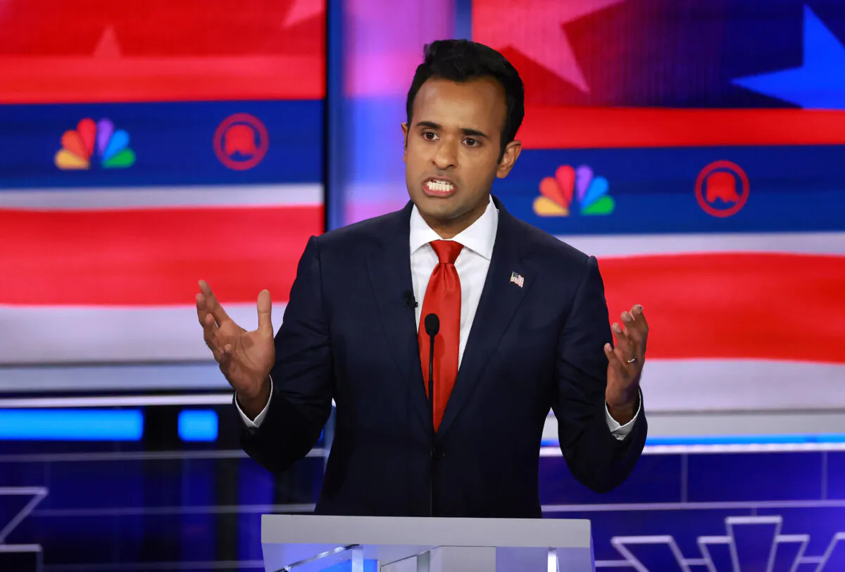 Republican presidential candidate Vivek Ramaswamy speaks during the NBC News Republican Presidential Primary Debate at the Adrienne Arsht Center for the Performing Arts of Miami-Dade County in Miami, Fla., on Nov. 8, 2023. (Joe Raedle/Getty Images)