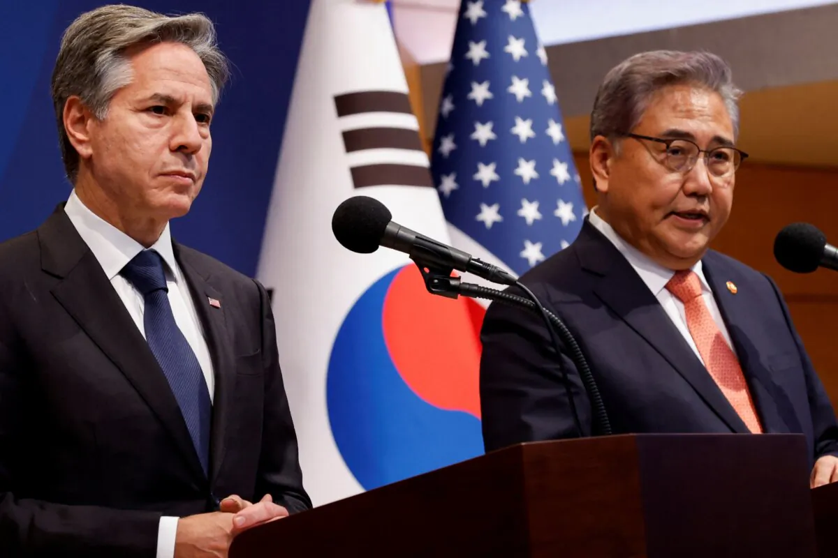 U.S. Secretary of State Antony Blinken and South Korean Foreign Minister Park Jin hold a joint press conference after their meeting at the Ministry of Foreign Affairs in Seoul, South Korea, on Nov. 9, 2023. (Jonathan Ernst/Pool/Reuters)