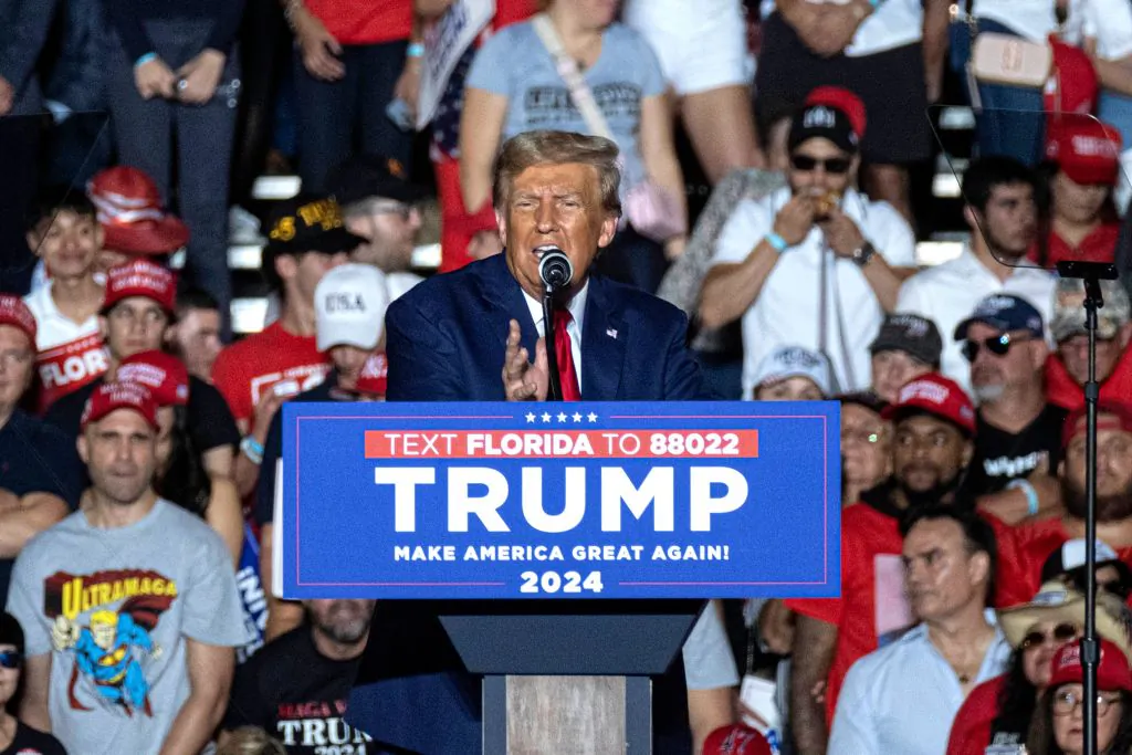 Former president and 2024 Republican Presidential hopeful Donald Trump speaks during a rally at Ted Hendricks Stadium at Henry Milander Park in Hialeah, Fla., on Nov. 8, 2023. (Ricardo Arduengo/AFP via Getty Images)