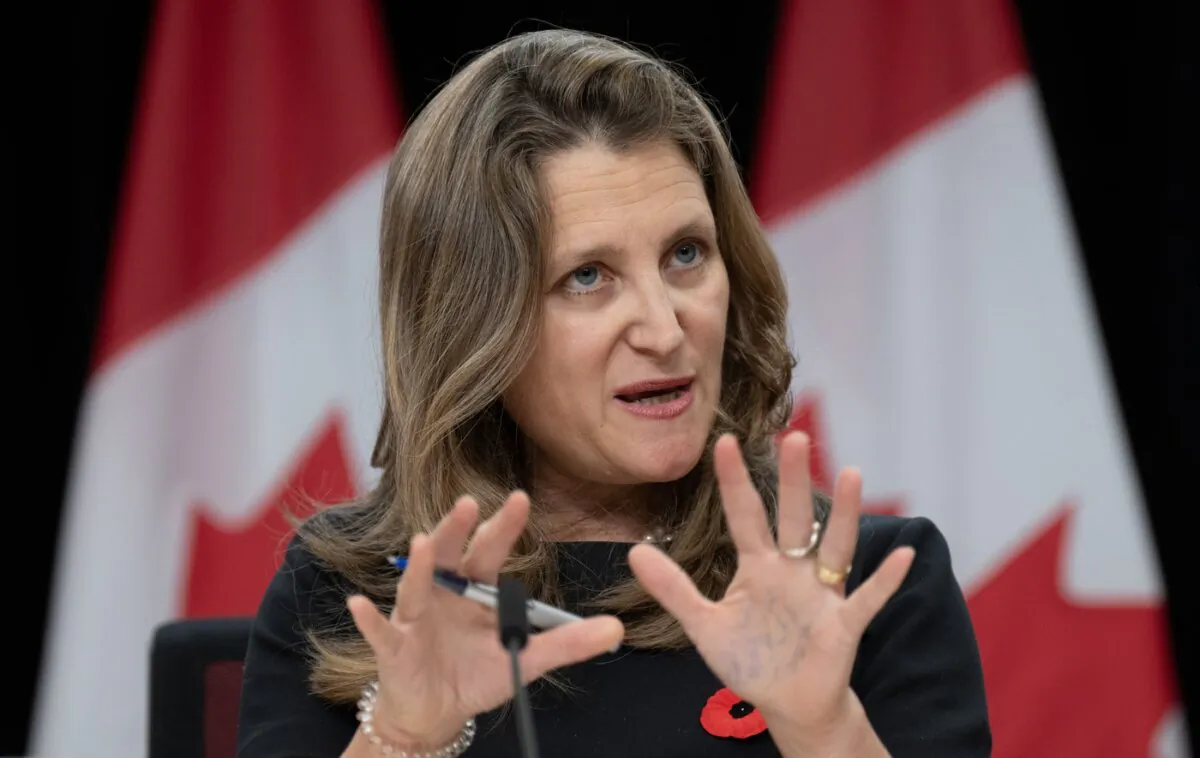 Deputy Prime Minister and Minister of Finance Chrystia Freeland speaks during a news conference in Ottawa on Nov. 7, 2023. (The Canadian Press/Adrian Wyld)