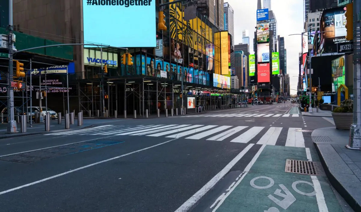 Streets are seen mostly empty at Times Square 42nd street during the COVID-19 pandemic, in Manhattan, New York, on March 26, 2020. (tetiana.photographer/Shutterstock)