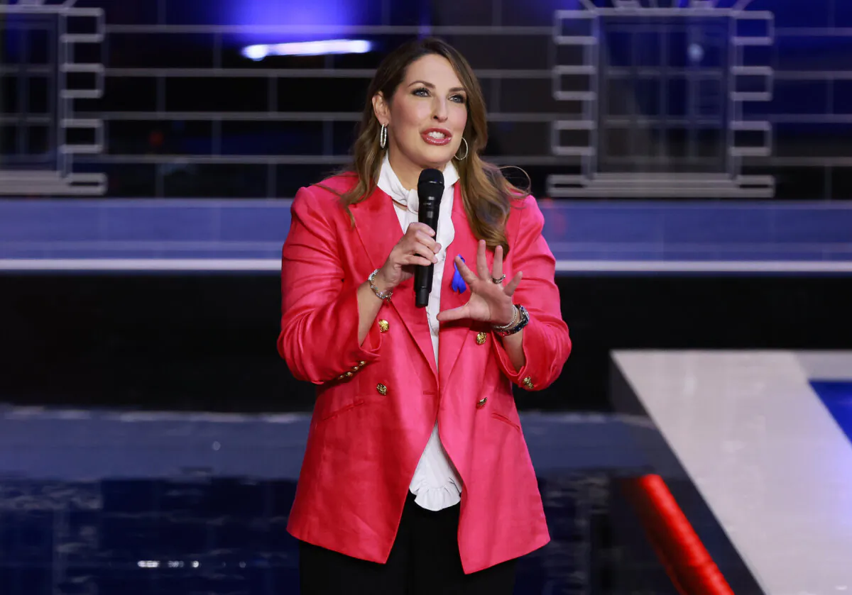 RNC Chairwoman Ronna McDaniel delivers remarks before the NBC News Republican Presidential Primary Debate at the Adrienne Arsht Center for the Performing Arts of Miami-Dade County in Miami, Fla., on Nov. 8, 2023. (Joe Raedle/Getty Images)