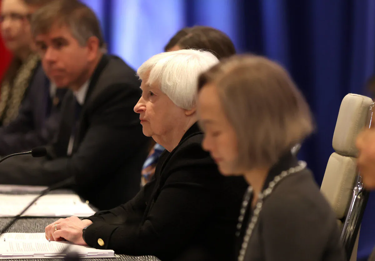 U.S. Secretary of the Treasury Janet Yellen looks on during a bilateral meeting with Chinese Vice Premier He Lifeng at the Ritz Carlton Hotel in San Francisco on Nov. 9, 2023. (Justin Sullivan/Getty Images)