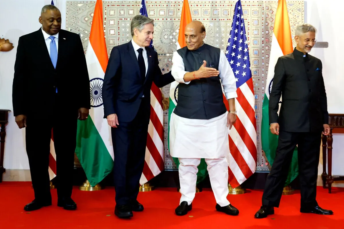 U.S. Secretary of State Antony Blinken (2L), India's External Affairs Minister Subrahmanyam Jaishankar (R), US Defense Secretary Lloyd Austin (L), and his Indian counterpart Rajnath Singh arrive for a photo ahead of their bilateral meetings, at Sushma Swaraj Bhavan, in New Delhi, on November 10, 2023. (Jonathan Ernst/Pool/ AFP)