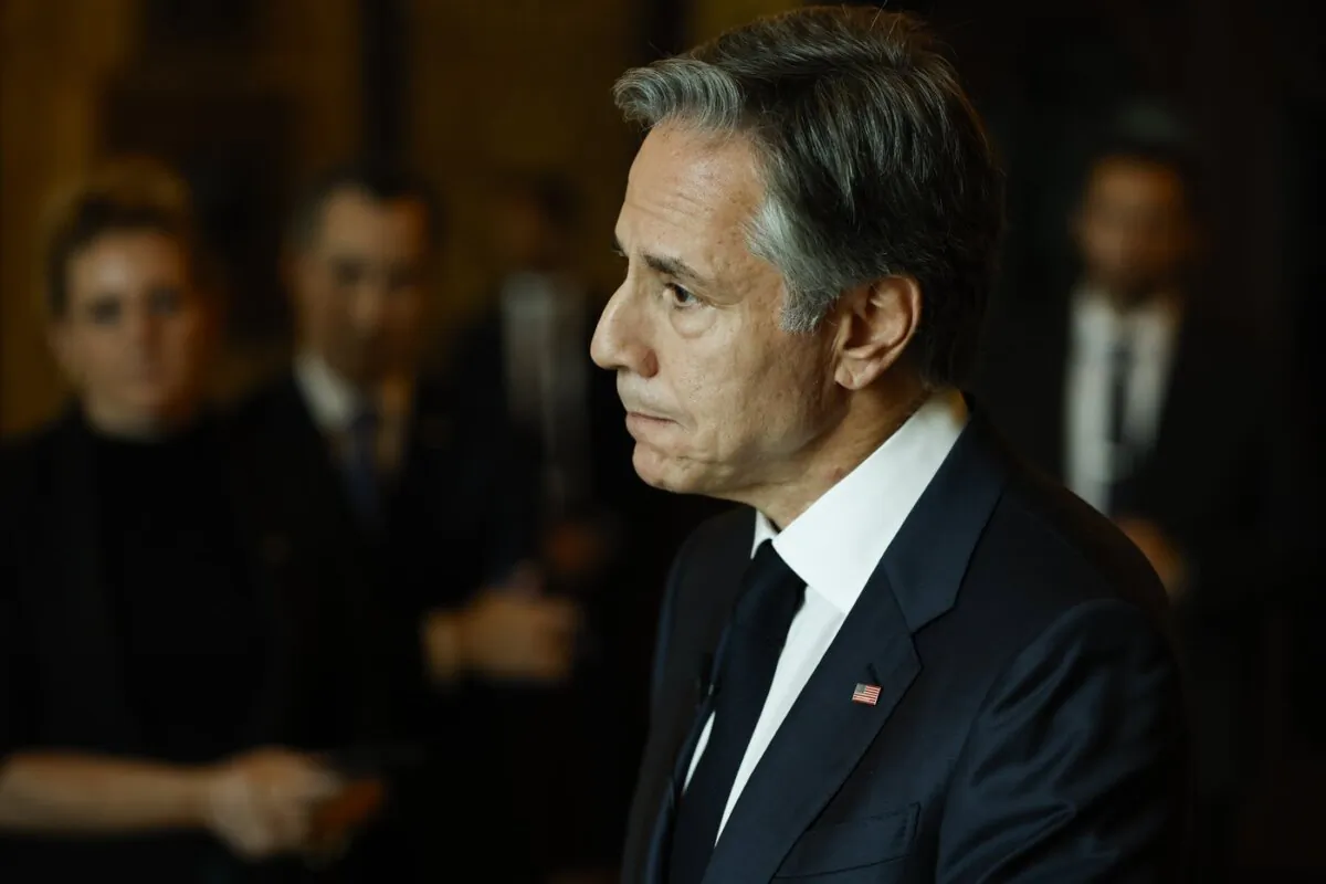 Antony Blinken speaks to the media after participating in the so-called "2+2 Dialogue" in New Delhi, India, on Nov. 10, 2023. (The Canadian Press/AP-Jonathan Ernst, POOL)