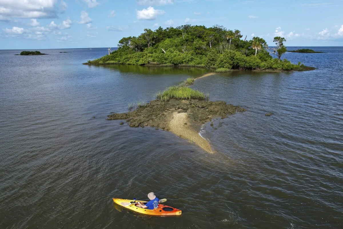 AP reporter Richard Lardner kayaks to Sweetheart Island, off the coast of Yankeetown, Fla., on Aug. 5, 2023. (Julio Aguilar/AP Photo)