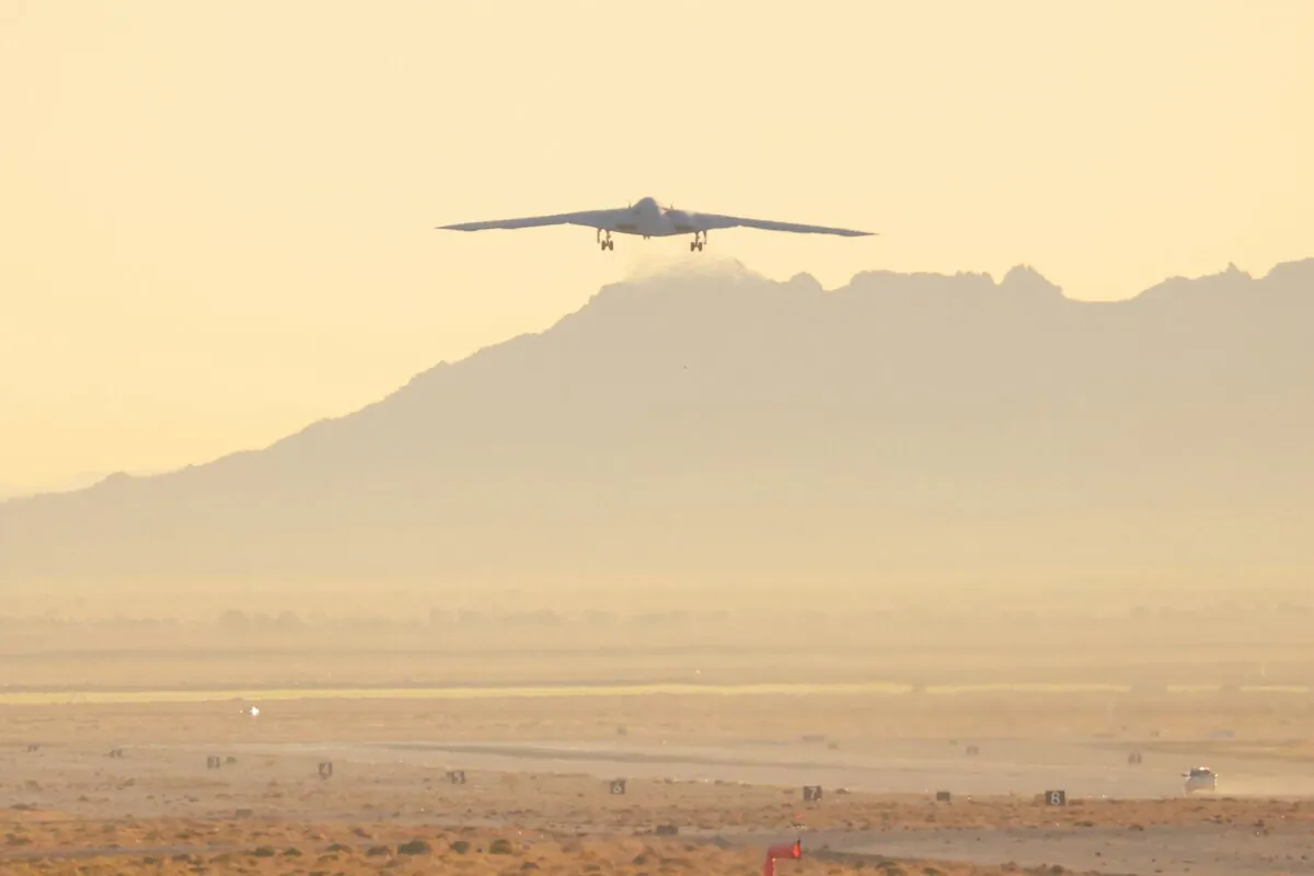 The United States Air Force's B-21 "Raider", the long-range stealth bomber that can be armed with nuclear weapons, takes off from the runway at Northrop Grumman's site at Air Force Plant 42 in Palmdale, Calif., on Nov. 10, 2023. (David Swanson/Reuters)