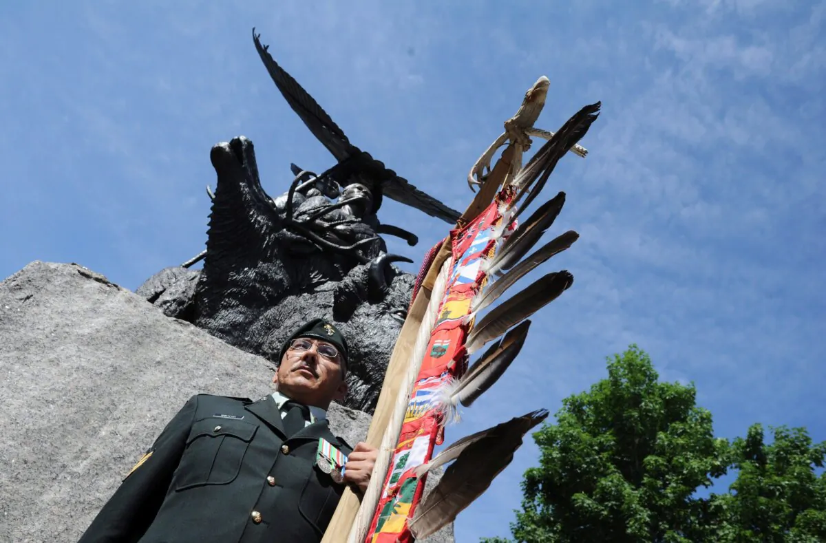 A soldier participates in the 10th annual Ceremony of Remembrance at the National Aboriginal Veterans Monument in Ottawa on June 21, 2011. (The Canadian Press/Sean Kilpatrick)