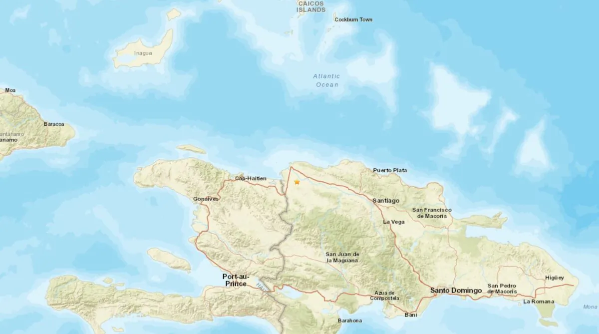A map shows the location of a 5.0 magnitude earthquake that struck the northwest Dominican Republic on Nov. 10, 2023, near the border with Haiti. (USGS/Screenshot via The Epoch Times)