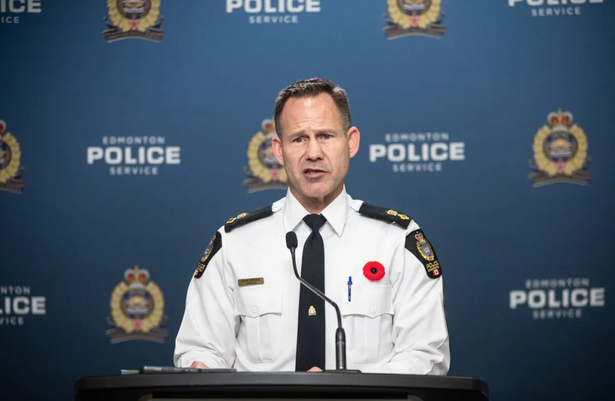 Acting Supt. Colin Derksen, EPS Criminal Investigations Division, speaks about the shooting deaths of a father and 11-year-old son, in Edmonton on Nov. 10, 2023. (The Canadian Press/Jason Franson)