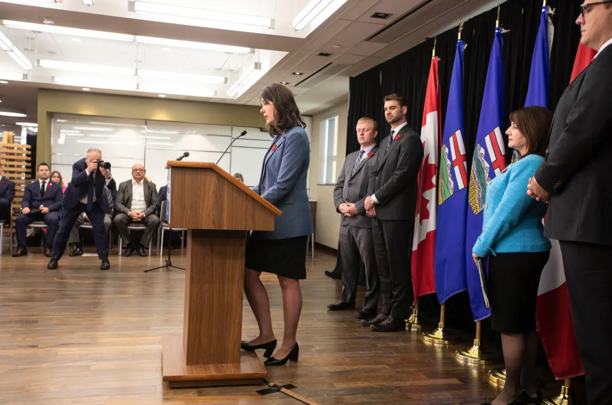 Alberta Premier Danielle Smith speaks about health-care reforms during a news conference in Edmonton on Nov. 8, 2023. (The Canadian Press/Jason Franson)