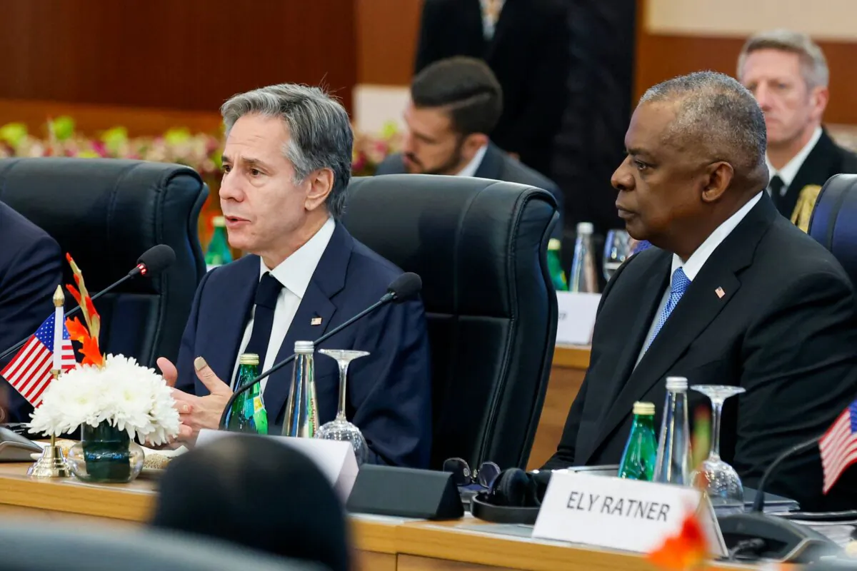 U.S. Secretary of State Antony Blinken (L) speaks as U.S. Defense Secretary Lloyd Austin (2nd R) watches during the India–U.S. "2+2" ministerial dialogue at Sushma Swaraj Bhavan in New Delhi, India, on Nov. 10, 2023. (Jonathan Ernst/Pool/AFP via Getty Images)