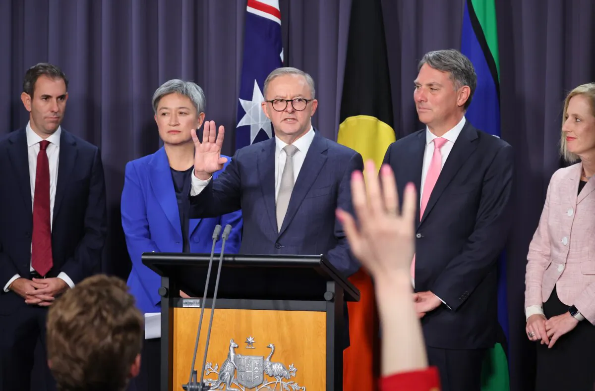 Prime Minister Anthony Albanese (C) speaks as he stands next to (L-R) Jim Chalmers, Penny Wong, Richard Marles and Katy Gallagher during a press conference at Parliament House on May 23, 2022 in Canberra, Australia. (David Gray/Getty Images)
