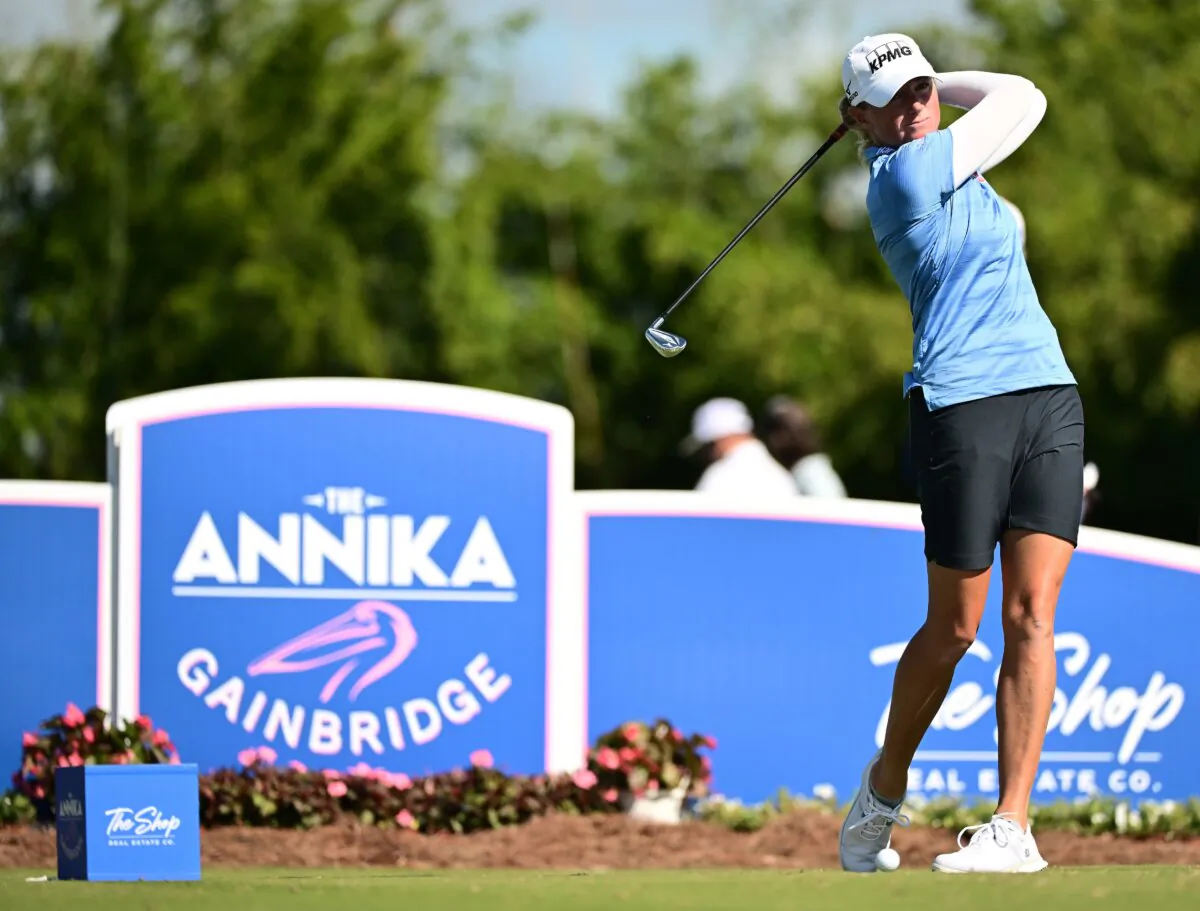 Stacy Lewis of the United States plays her shot from the third tee during the second round of The ANNIKA driven by Gainbridge at Pelican at Pelican Golf Club in Belleair, Fla., on November 10, 2023. (Julio Aguilar/Getty Images)