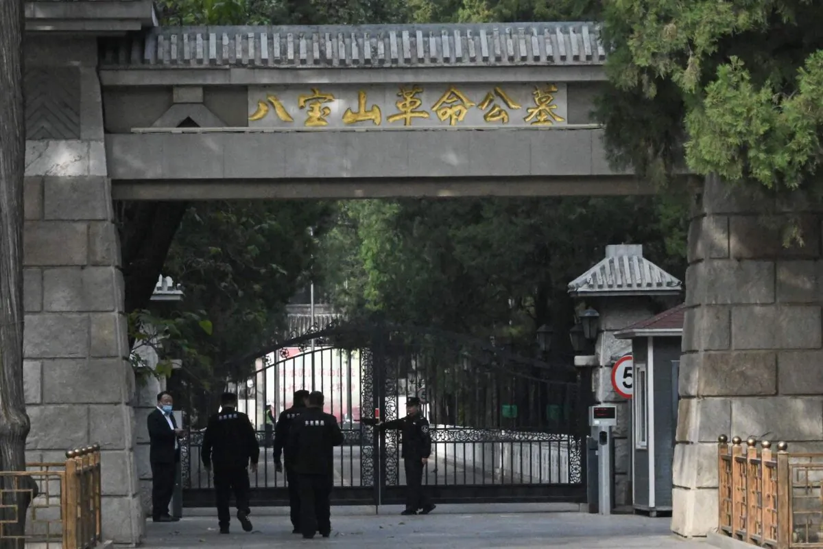 Security guards are seen at an entrance to the Babaoshan Revolutionary Cemetery in Beijing on Nov. 2, 2023, the day that former Chinese premier Li Keqiang was cremated there. (Pedro Pardo/AFP via Getty Images)