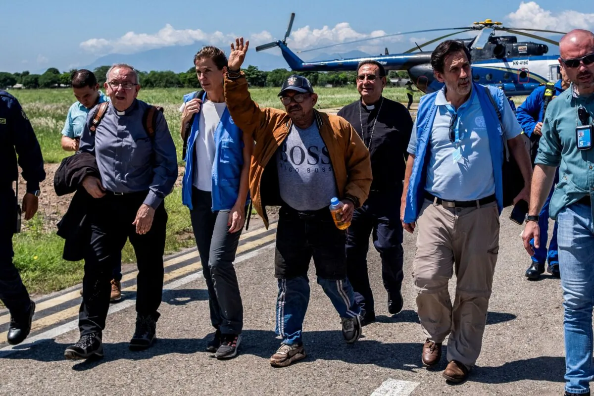 Luis Manuel Diaz, father of Liverpool player Luis Diaz, waves after he was freed by Colombia's National Liberation Army (ELN), in Valledupar, Colombia, on Nov. 9, 2023. (Esteban Vanegas/Mision ONU (UNVMC)/Handout via Reuters)
