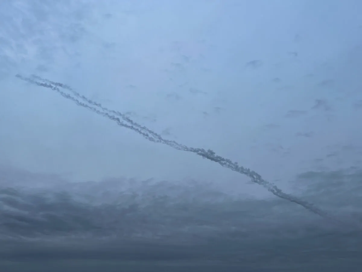 Missile traces are seen in the sky over the city after a Russian missile strike, in Kyiv, Ukraine, on Nov. 11, 2023. (Anna Voitenko/Reuters)