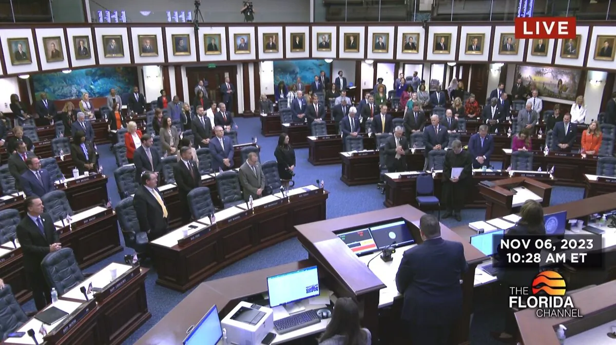 Members of the Florida House of Representatives stand for a moment of silence in Tallahassee on Nov. 6, 2023. (Screenshot via The Florida Channel)