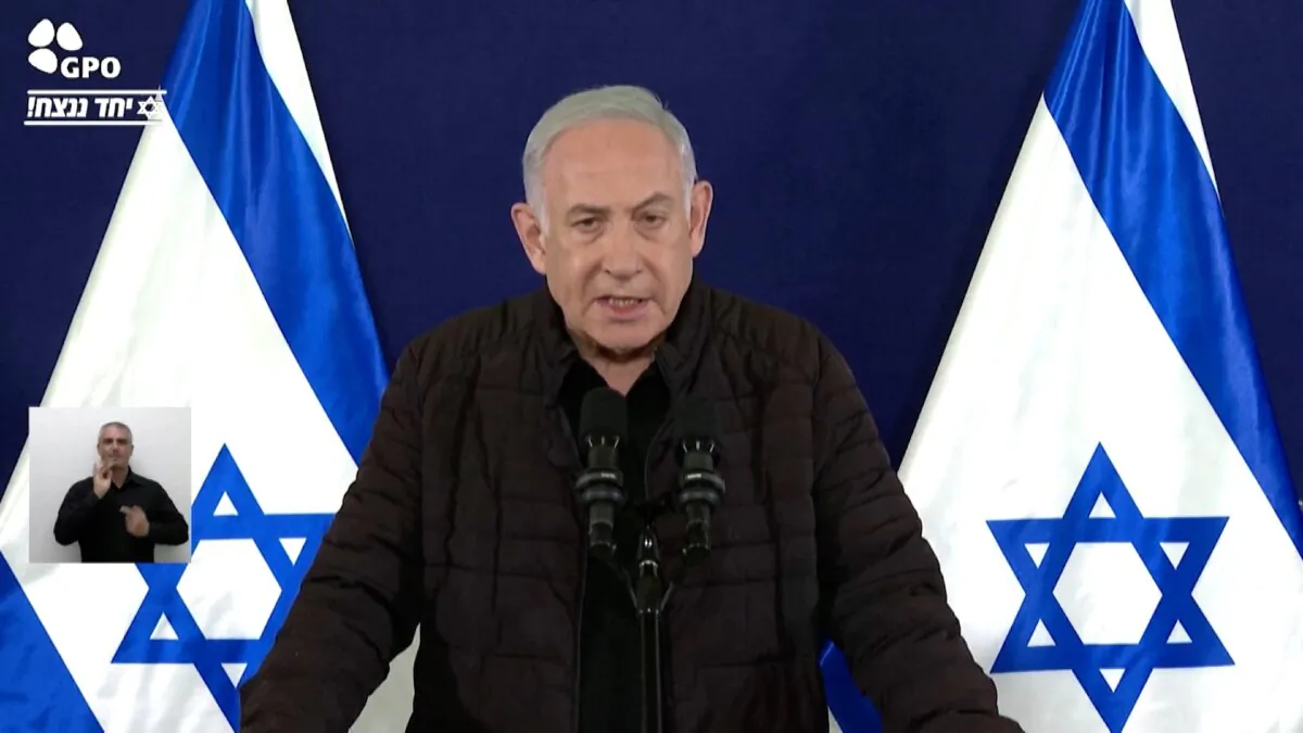 Israeli Prime Minister Benjamin Netanyahu speaks at a press conference on Nov. 11, 2023. (Reuters/Screenshot via NTD)