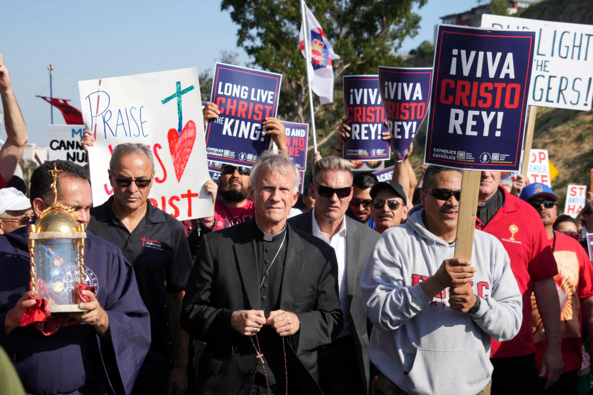 Catholic bishop Joseph Strickland of Tyler, Texas, walks during a procession to protest the Los Angeles Dodgers honoring the pro-LGBTQ+ group Sisters of Perpetual Indulgence during LGBTQ+ Pride Night at Dodger Stadium in Los Angeles, Calif., on June 16, 2023.  (Kirby Lee-USA TODAY Sports via Reuters)