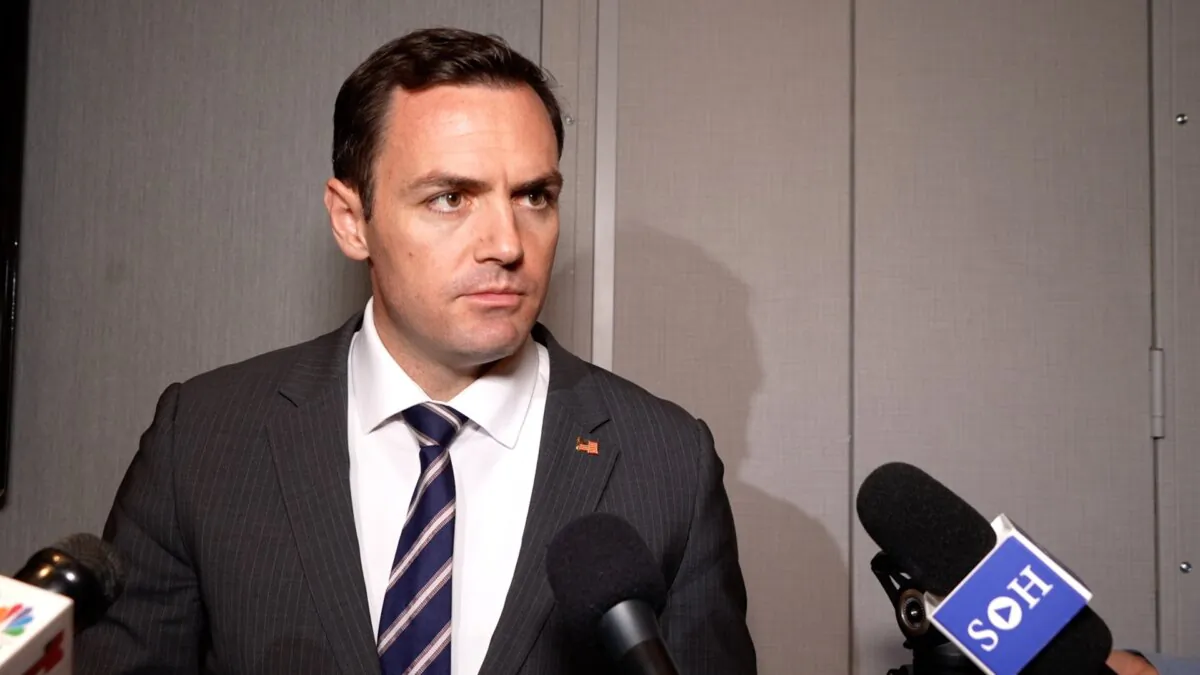 Rep. Mike Gallagher (R-Wis.) speaks with reporters in San Francisco on Nov. 11, 2023, in a still from video released by NTD. (NTD)