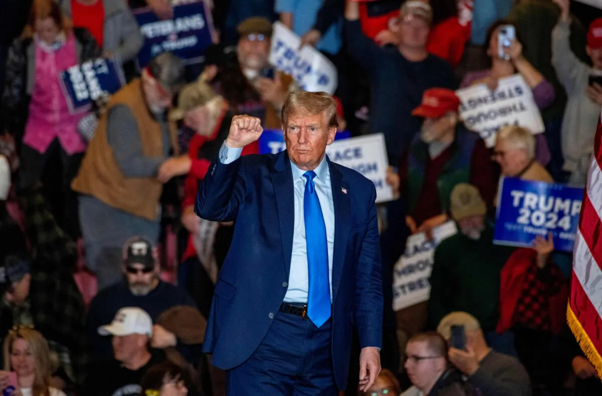 Former President Donald Trump leaves after speaking at a campaign rally in Claremont, N.H., on Nov. 11, 2023. (Joseph Prezioso/AFP via Getty Images)