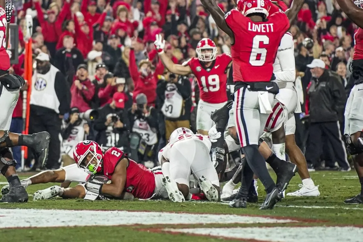 Georgia Bulldogs running back Kendall Milton (2) scores a touchdown against the Mississippi Rebels during the first half at Sanford Stadium in Athens, Ga., on Nov. 11, 2023. (Dale Zanine/USA TODAY Sports via Field Level Media)