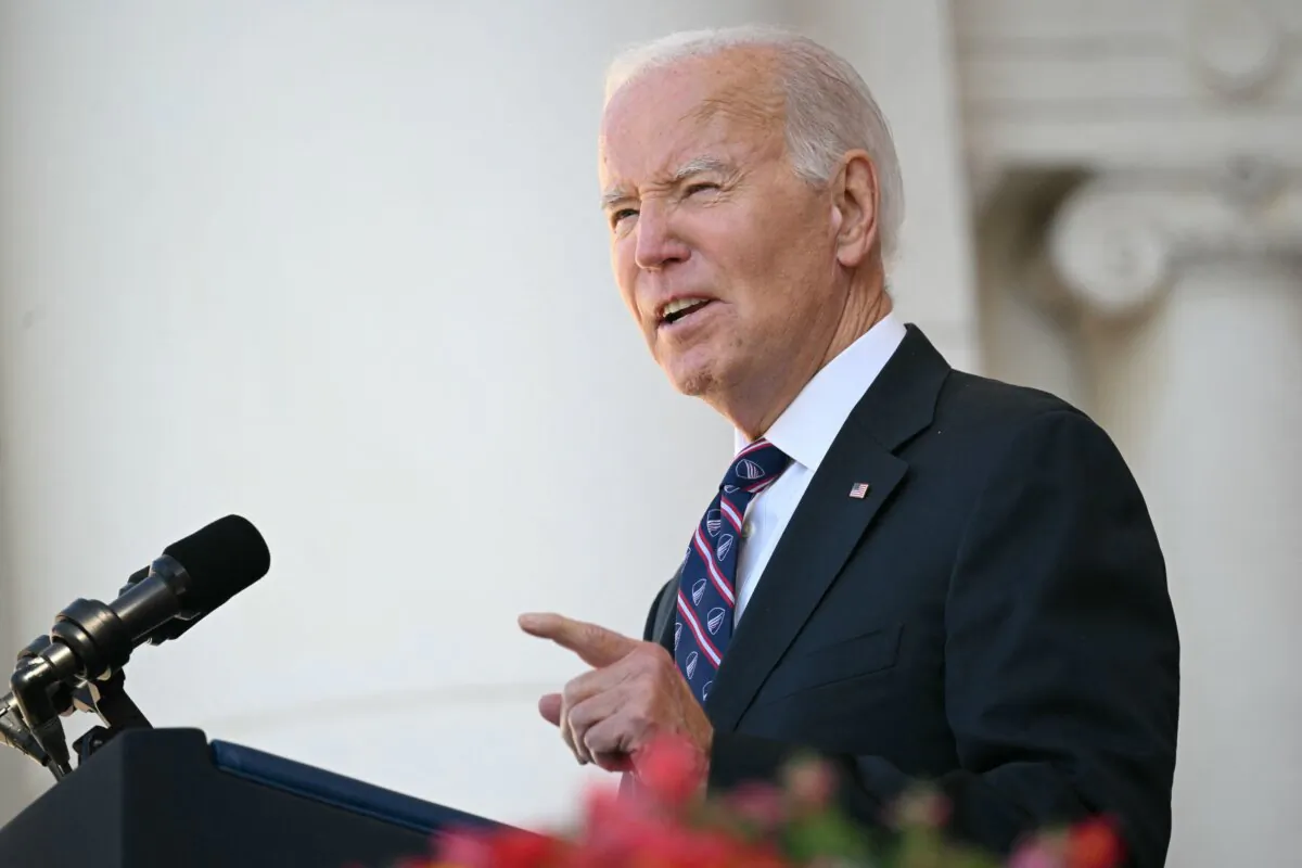 President Joe Biden speaks at the Memorial Amphitheater in Arlington National Cemetery during celebrations for Veterans Day in Arlington, Va., on Nov. 11, 2023. (Mandel Ngan/AFP via Getty Images)