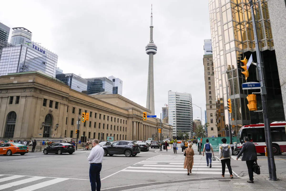 The CN Tower and Union Station are seen in the financial district in Toronto on Sept. 8, 2023. (The Canadian Press/Andrew Lahodynskyj)