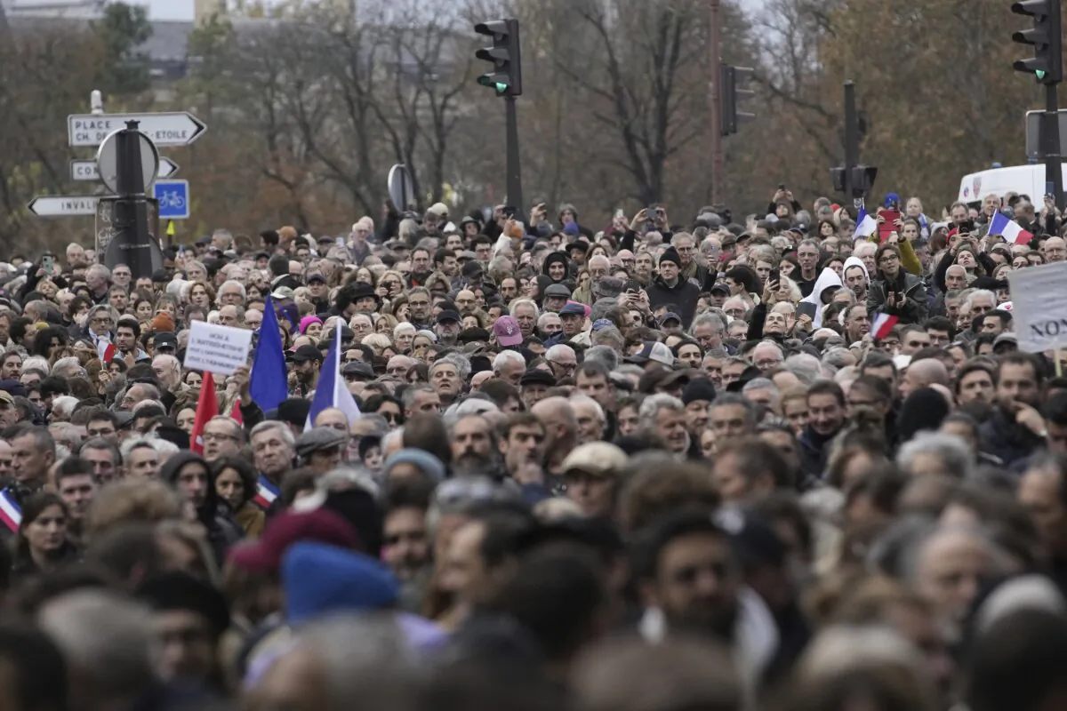 Thousands gather for a march against antisemitism in Paris, France, on Nov. 12, 2023. (Christophe Ena/AP Photo)