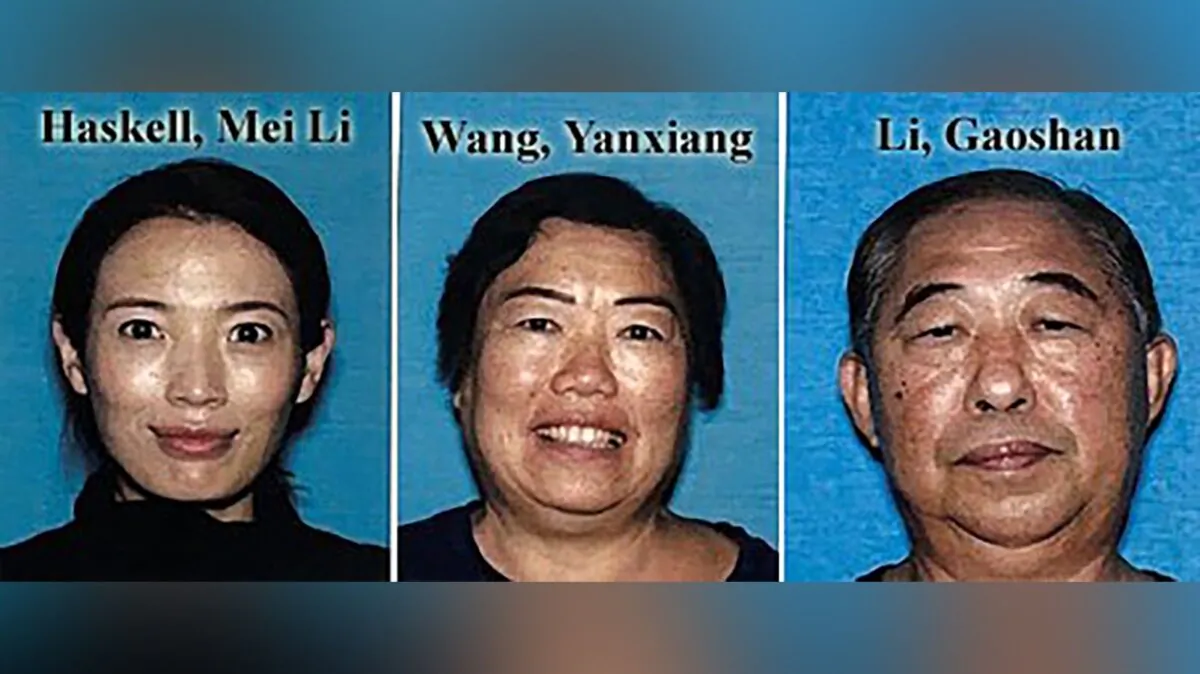 Mei Haskell (L) and her parents YanXiang Wang and Gaoshan Li. (Los Angeles Police Department via AP)