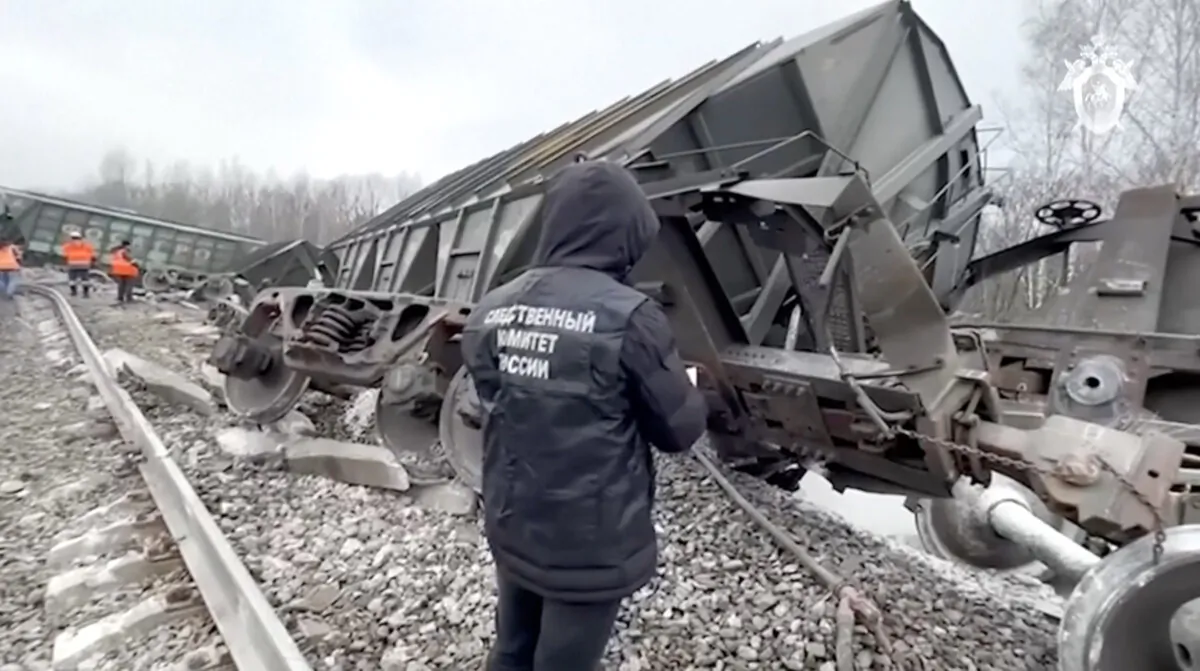 Derailed train carriages in the Ryazan region, Russia, on Nov. 11, 2023, in a still from video. (Russian Investigative Committee via AP/Screenshot via The Epoch Times)