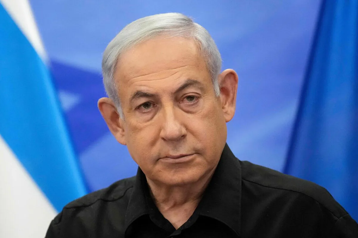 Israeli Prime Minister Benjamin Netanyahu addresses media during a joint press conference with French President in Jerusalem, Israel, on Oct. 24, 2023.  (Christophe Ena/Pool/AFP via Getty Images)