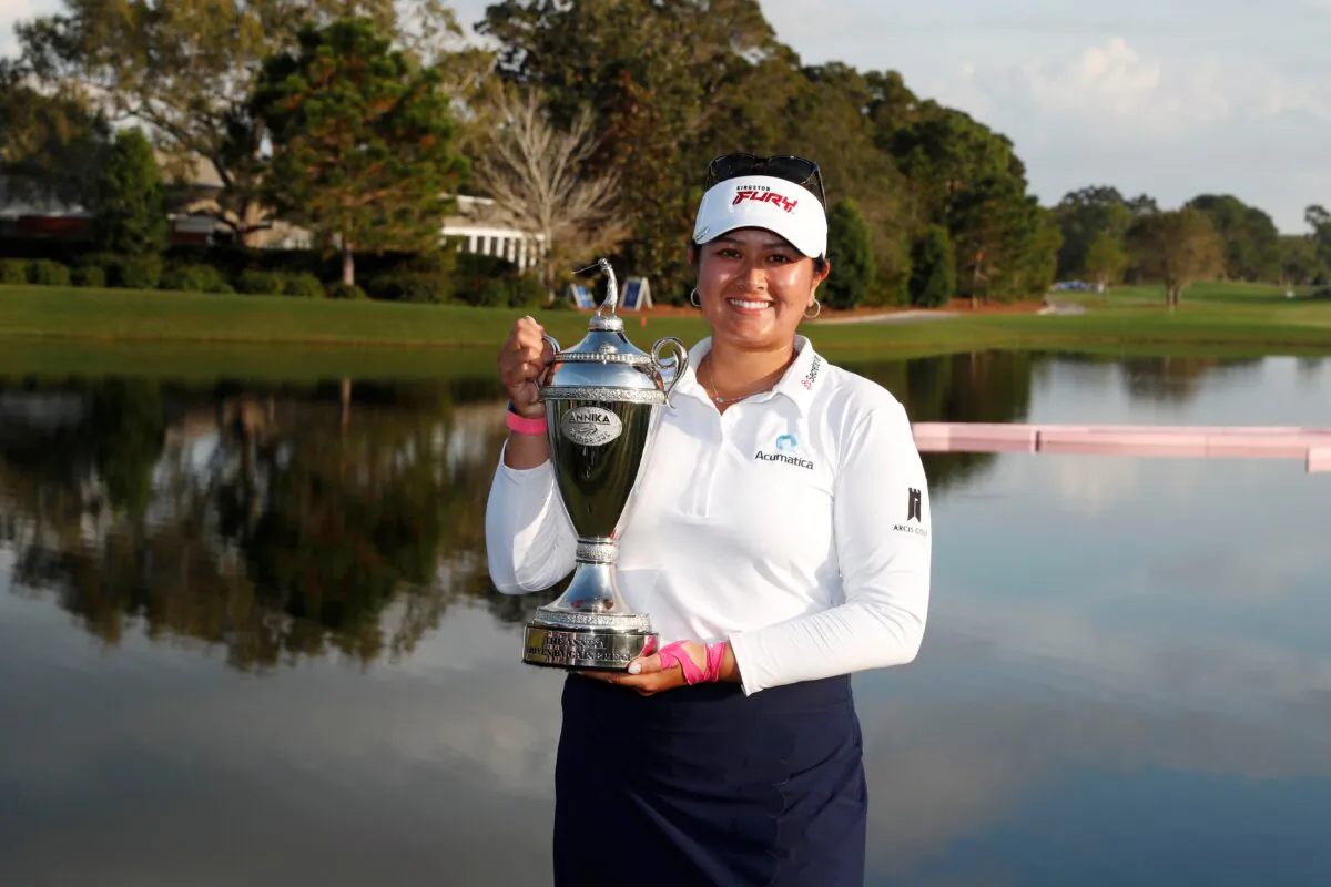 Lilia Vu of Orange Co., Calif., poses with the first place trophty after winning an LPGA golf tournament in Belleair, Fla., on Nov. 12, 2023. (Scott Audette/AP Photo)