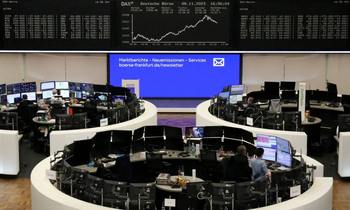 The German share price index DAX graph is pictured at the stock exchange in Frankfurt, Germany, on Nov. 8, 2023. (Staff/Reuters)