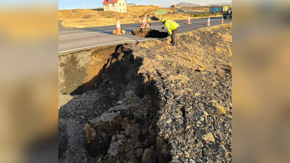 A view of cracks, emerged on a road due to volcanic activity, near Grindavik, Iceland, on Nov. 13, 2023. (Road Administration of Iceland via Facebook/ Handout via Reuters)