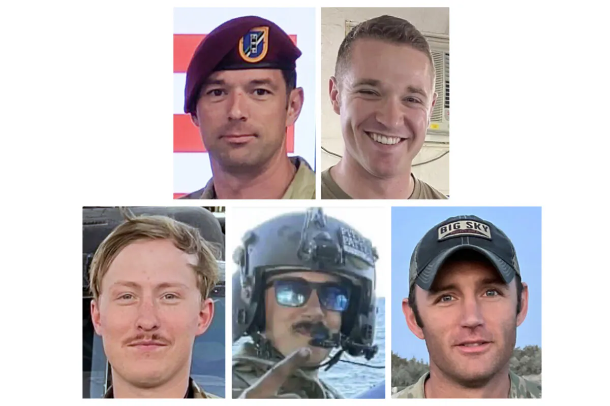 (From top L to bottom R) Chief Warrant Officer 3 Stephen R. Dwyer, of Clarksville, Tenn.; Sgt. Andrew P. Southard, of Apache Junction, Ariz.; Staff Sgt. Tanner W. Grone, of Gorham, N.H.; Sgt. Cade M. Wolfe, of Mankato, Minn.; and Chief Warrant Officer 2 Shane M. Barnes, of Sacramento, Calif. (U.S. Army Special Operations Command Public Affairs via AP)