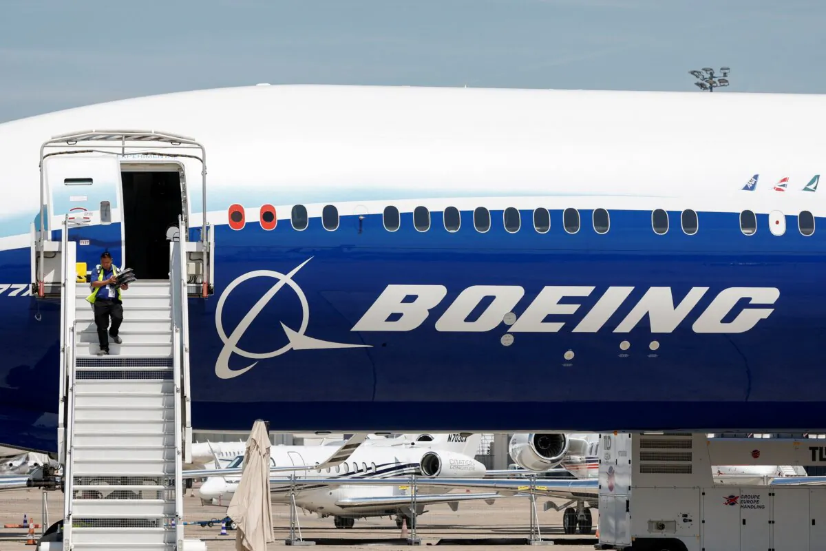 A Boeing logo is seen on a 777-9 aircraft on display during the 54th International Paris Airshow at Le Bourget Airport near Paris on June 18, 2023. (Benoit Tessier/Reuters)